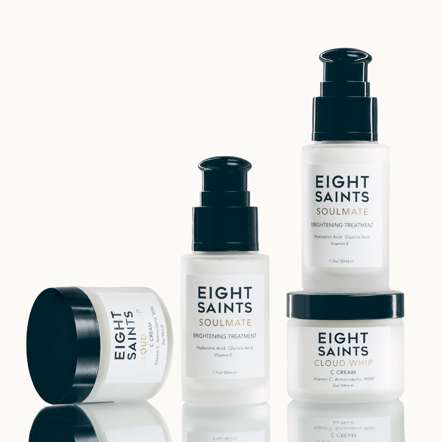 Eight Saints skincare products including Soulmate Brightening Treatment and Cloud Whip C Cream displayed on a white background.