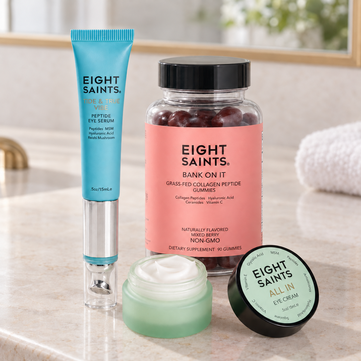 The three Inside Out Eye System products on a bathroom counter